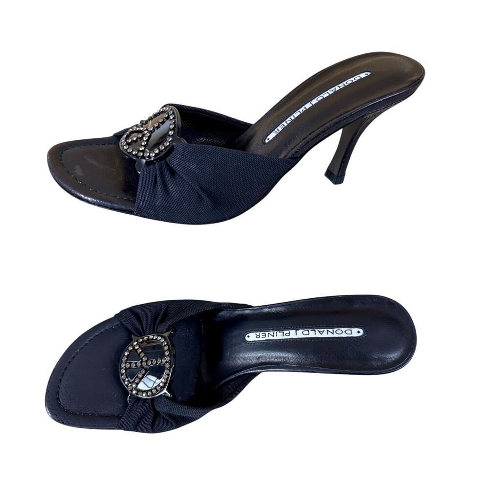 Donald Pliner Black Mesh Elastic Slide Leather Rhinestone Peace Shoe $225 NWT